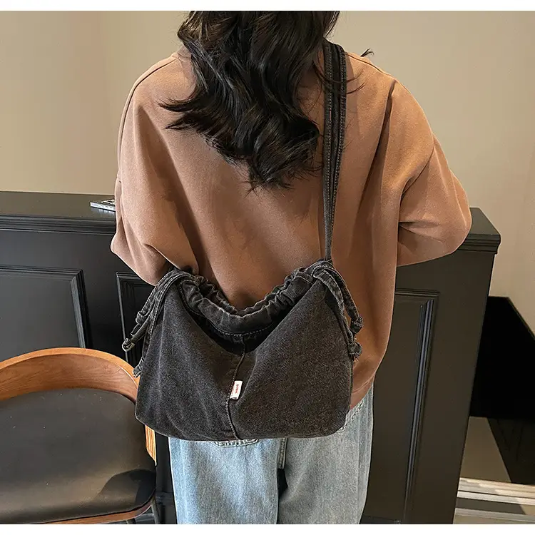 Vintage Denim Crossbody Bag for Women Blue Drawstring — feature 28