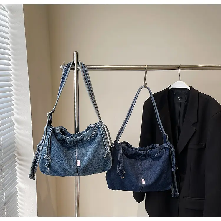 Vintage Denim Crossbody Bag for Women Blue Drawstring — feature 31