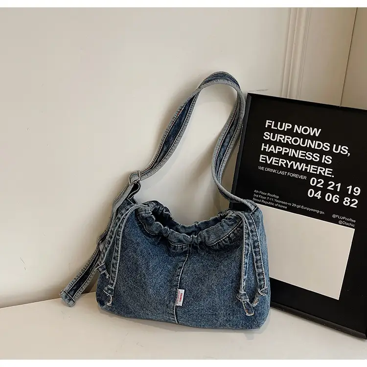 Vintage Denim Crossbody Bag for Women Blue Drawstring — feature 34