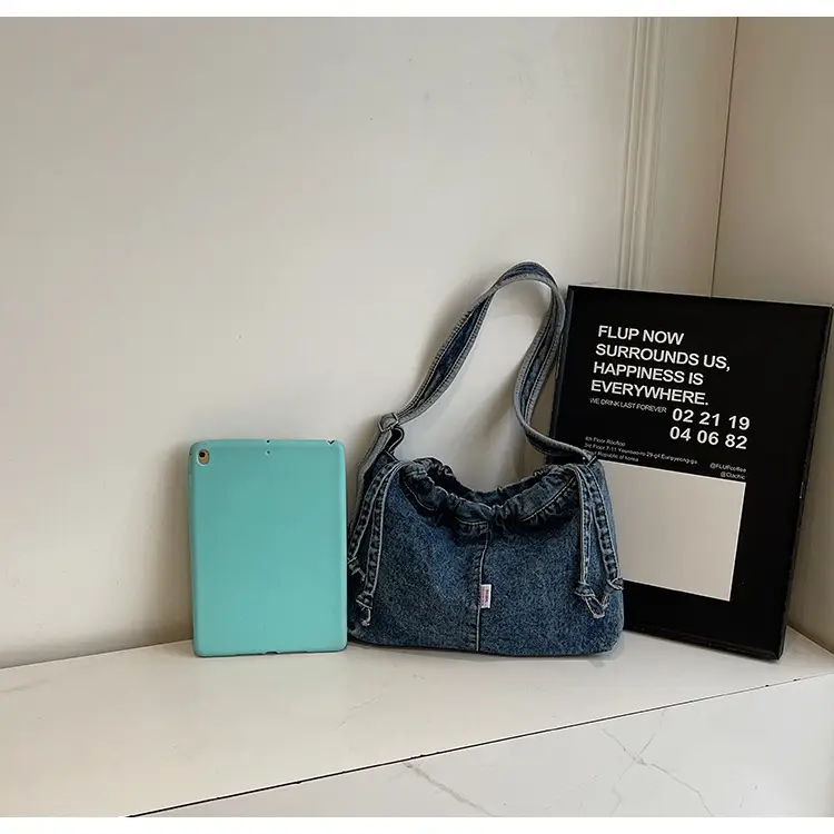 Vintage Denim Crossbody Bag for Women Blue Drawstring — feature 4