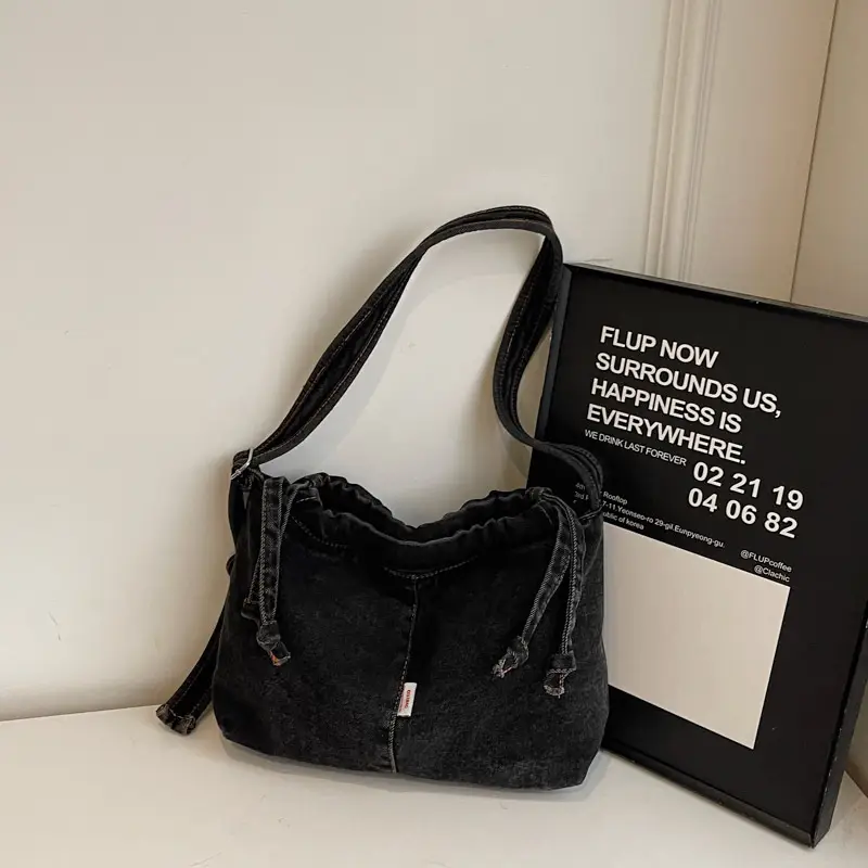 Vintage Denim Crossbody Bag for Women Blue Drawstring - Image 3