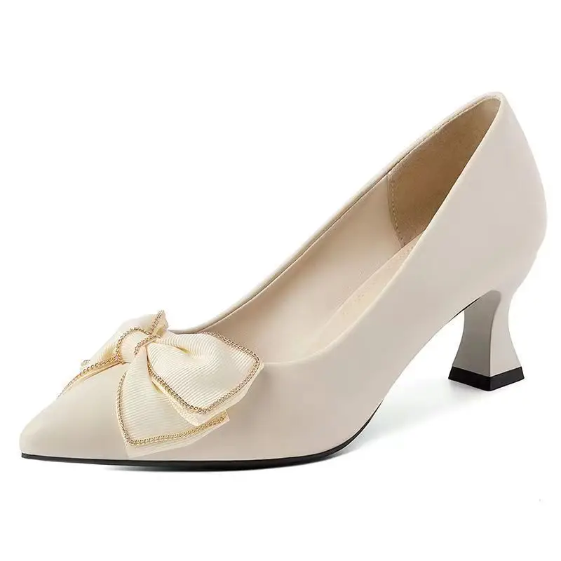Thick-Heeled High Heels 2026 New Pointed-Toe Bow Shallow Work Shoes Women's Mid-Heel Mother's Shoes Commuting Flats