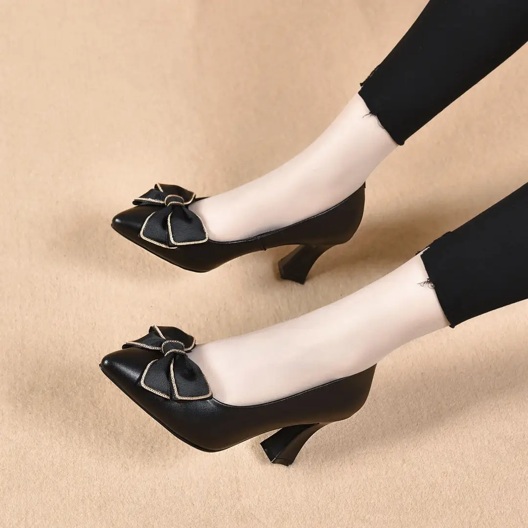 Thick-Heeled High Heels 2026 New Pointed-Toe Bow Shallow Work Shoes Women's Mid-Heel Mother's Shoes Commuting Flats — feature 1