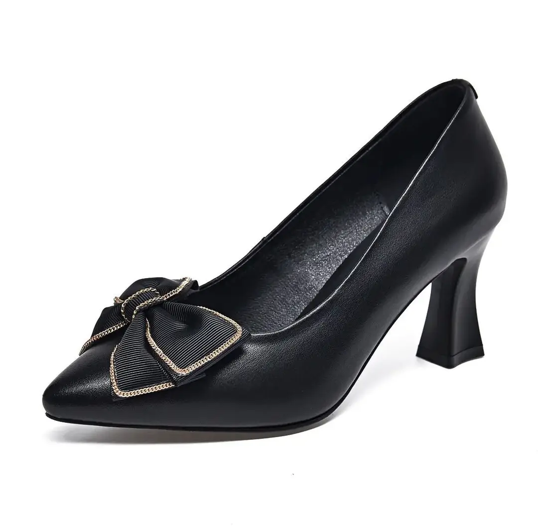 Thick-Heeled High Heels 2026 New Pointed-Toe Bow Shallow Work Shoes Women's Mid-Heel Mother's Shoes Commuting Flats — feature 3