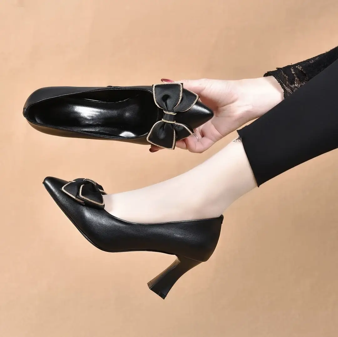 Thick-Heeled High Heels 2026 New Pointed-Toe Bow Shallow Work Shoes Women's Mid-Heel Mother's Shoes Commuting Flats — feature 4