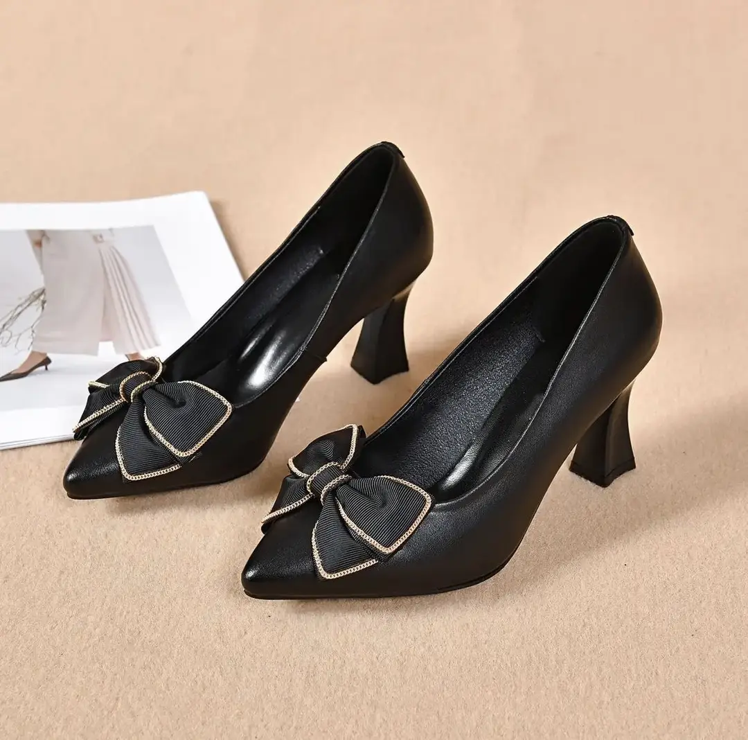 Thick-Heeled High Heels 2026 New Pointed-Toe Bow Shallow Work Shoes Women's Mid-Heel Mother's Shoes Commuting Flats — feature 7