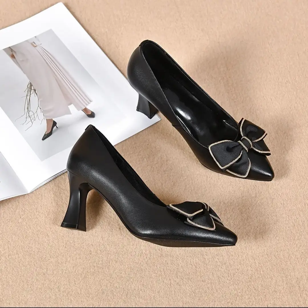 Thick-Heeled High Heels 2026 New Pointed-Toe Bow Shallow Work Shoes Women's Mid-Heel Mother's Shoes Commuting Flats — feature 8