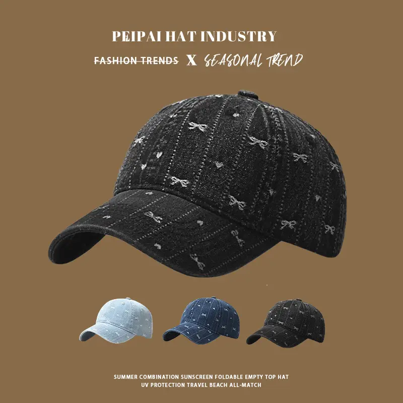 Women's Embroidered Bow Cap Black Wide Brim Spring Summer - Image 4