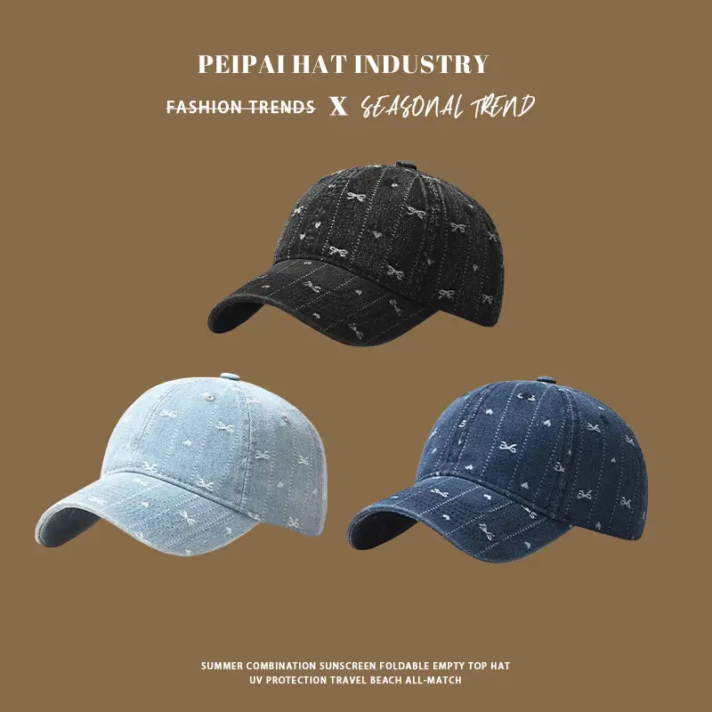 Women's Embroidered Bow Cap Black Wide Brim Spring Summer - Image 5