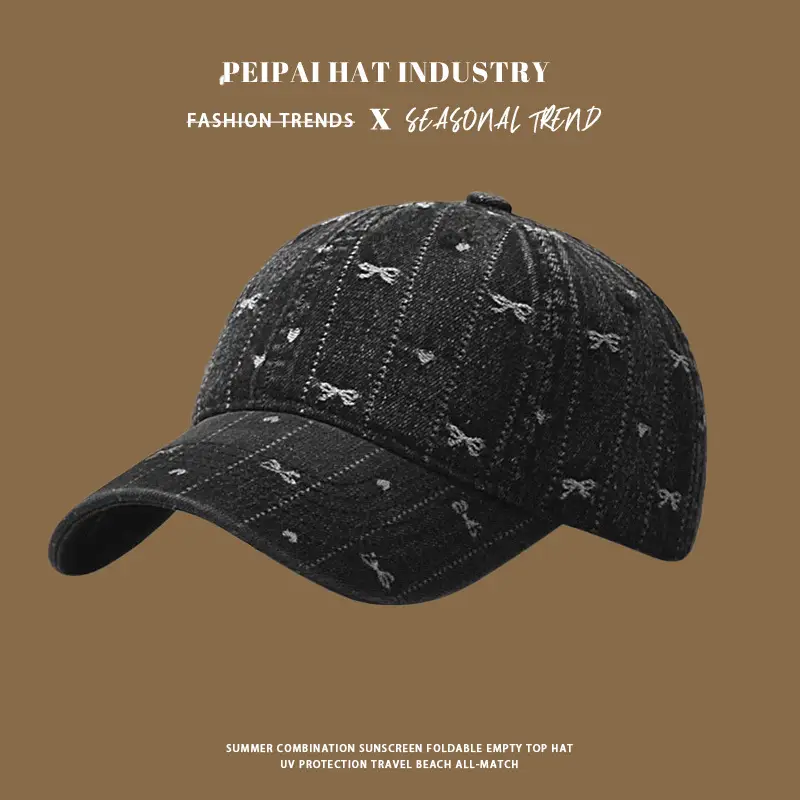 Women's Embroidered Bow Cap Black Wide Brim Spring Summer — feature 5
