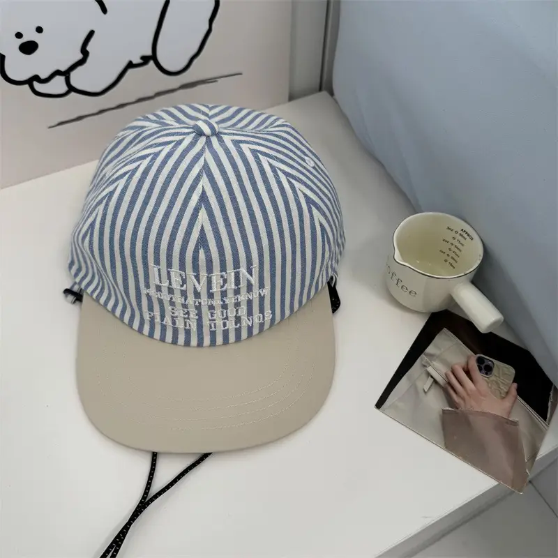 Korean Designer Striped Baseball Cap Girl's Summer Sunshade Flat Rim Duck Tongue Hat - Image 2