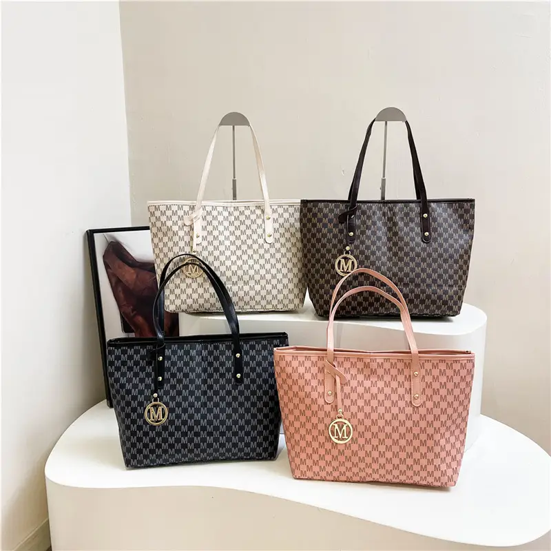 Women's Pink Gingham Leather Tote Bag with MM Logo - Image 6