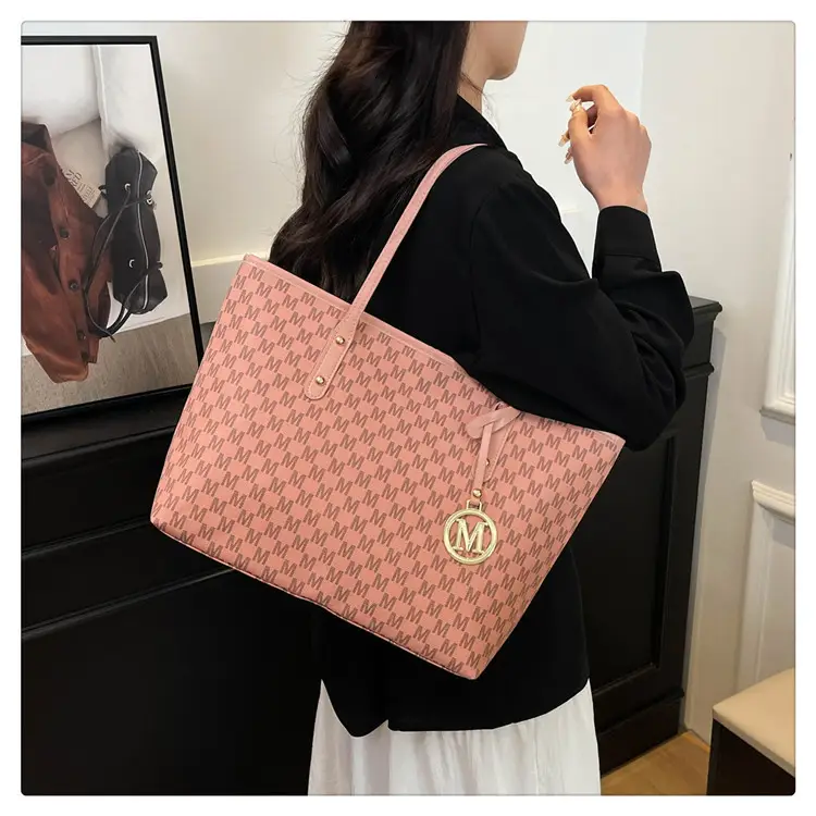 Women's Pink Gingham Leather Tote Bag with MM Logo — feature 13