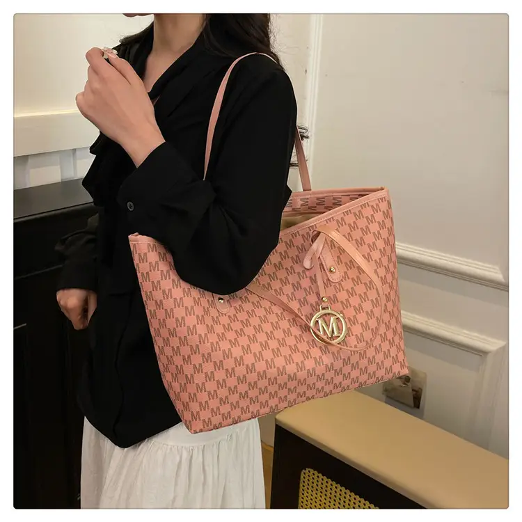 Women's Pink Gingham Leather Tote Bag with MM Logo — feature 14