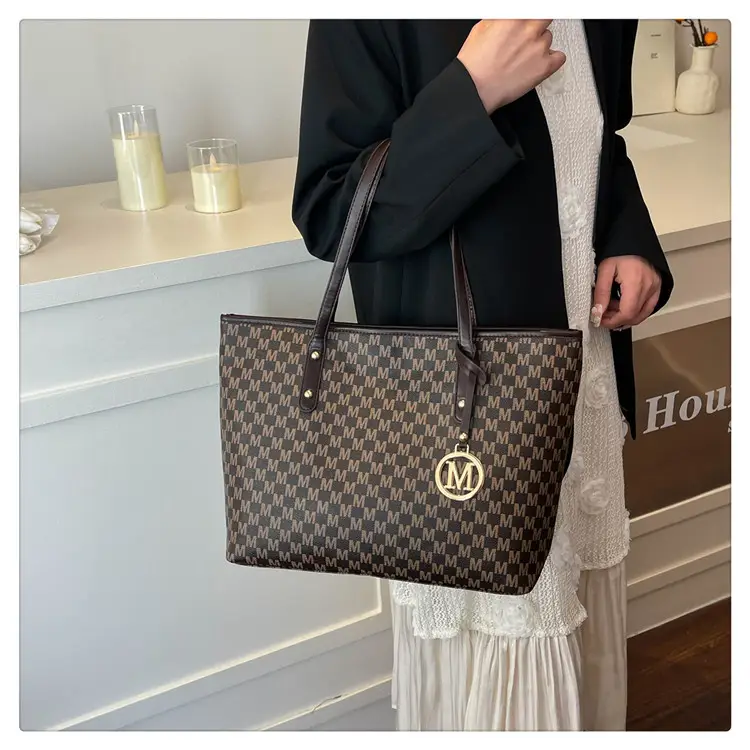Women's Pink Gingham Leather Tote Bag with MM Logo — feature 18