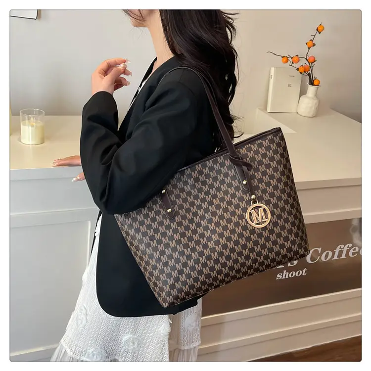 Women's Pink Gingham Leather Tote Bag with MM Logo — feature 19