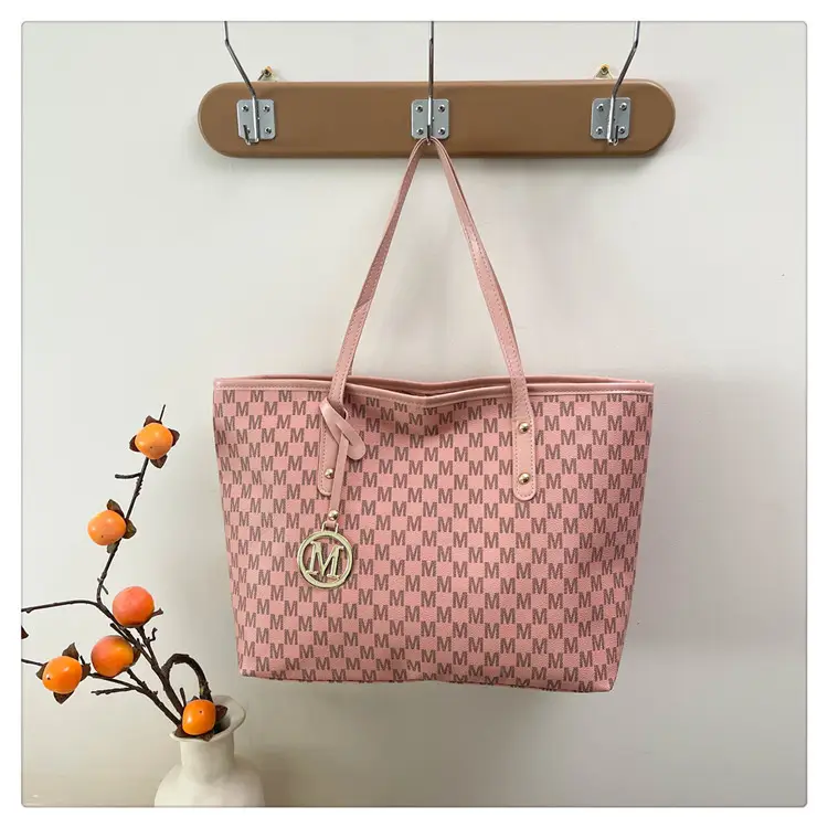 Women's Pink Gingham Leather Tote Bag with MM Logo - Image 2