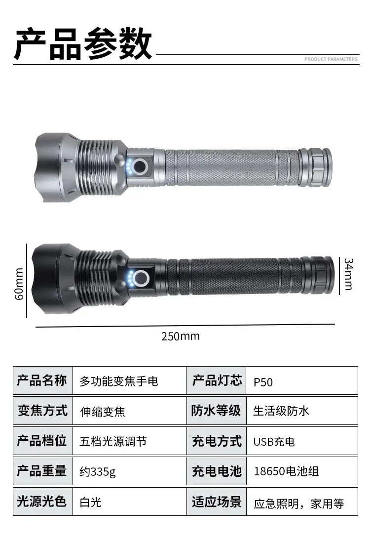 XHP50 Strong Light Cross-Border Flashlight with Power Display β feature 13
