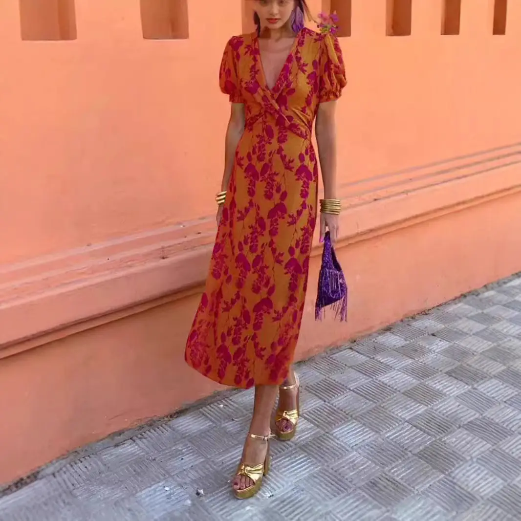 2025 Summer Print V-Neck Dress Red Gold - Image 6