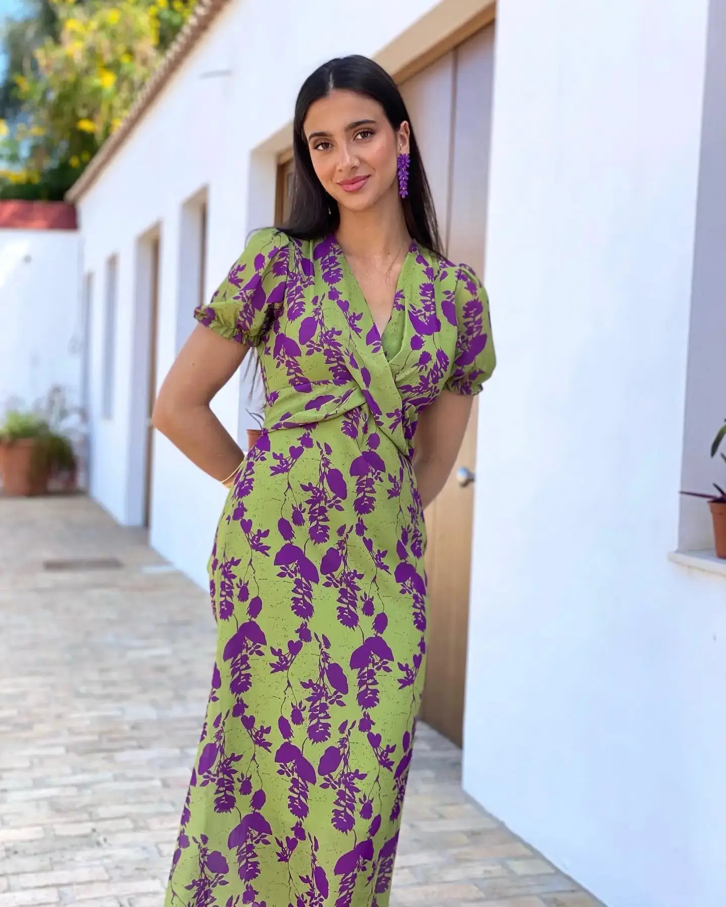 2025 Summer Print V-Neck Dress Red Gold — feature 13