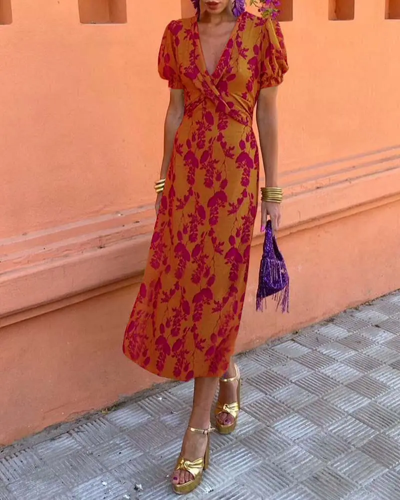 2025 Summer Print V-Neck Dress Red Gold — feature 14