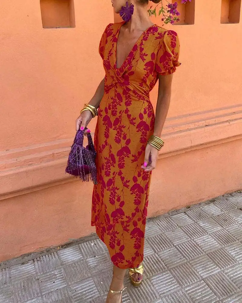 2025 Summer Print V-Neck Dress Red Gold — feature 15