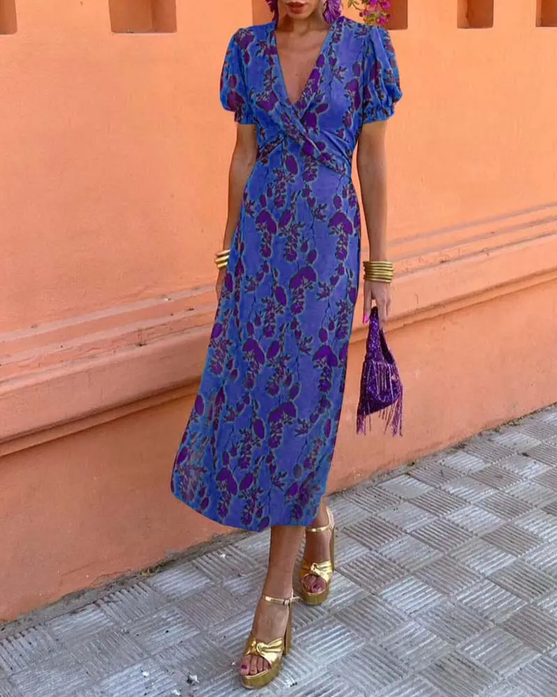 2025 Summer Print V-Neck Dress Red Gold — feature 16