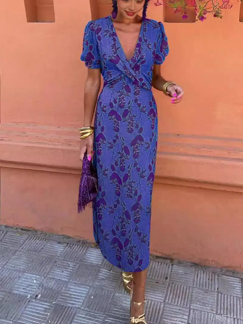 2025 Summer Print V-Neck Dress Red Gold — feature 17