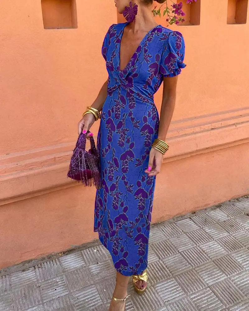 2025 Summer Print V-Neck Dress Red Gold — feature 18