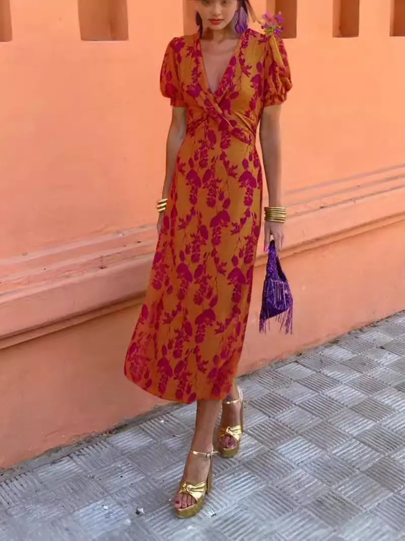2025 Summer Print V-Neck Dress Red Gold — feature 19