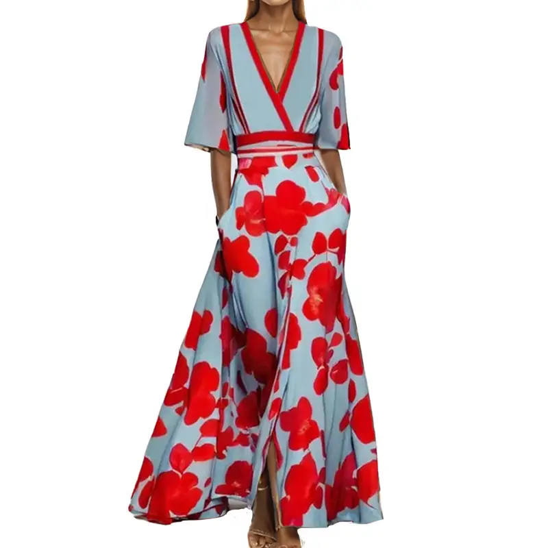 2025 V-Neck Printed Lace-Up Skirt Dress for Women - Image 11
