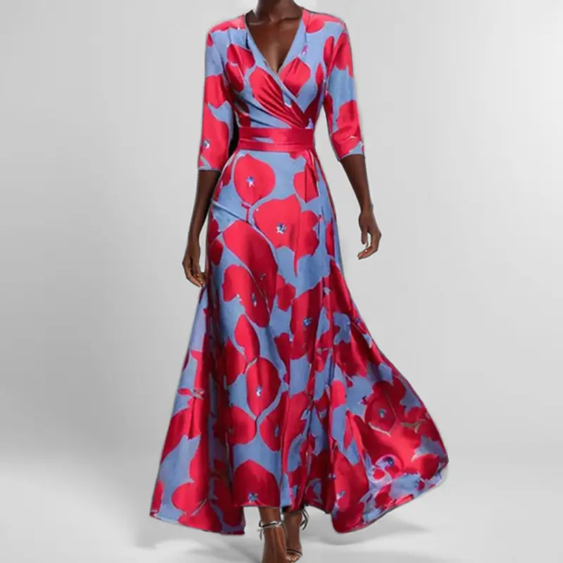 2025 V-Neck Printed Lace-Up Skirt Dress for Women — feature 4