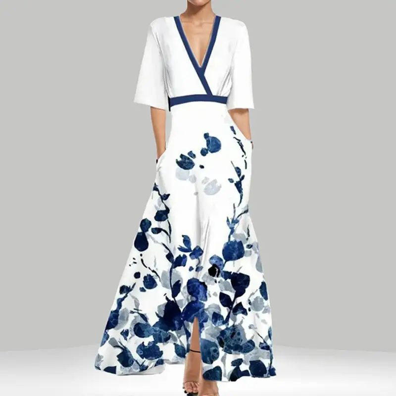 2025 V-Neck Printed Lace-Up Skirt Dress for Women - Image 2