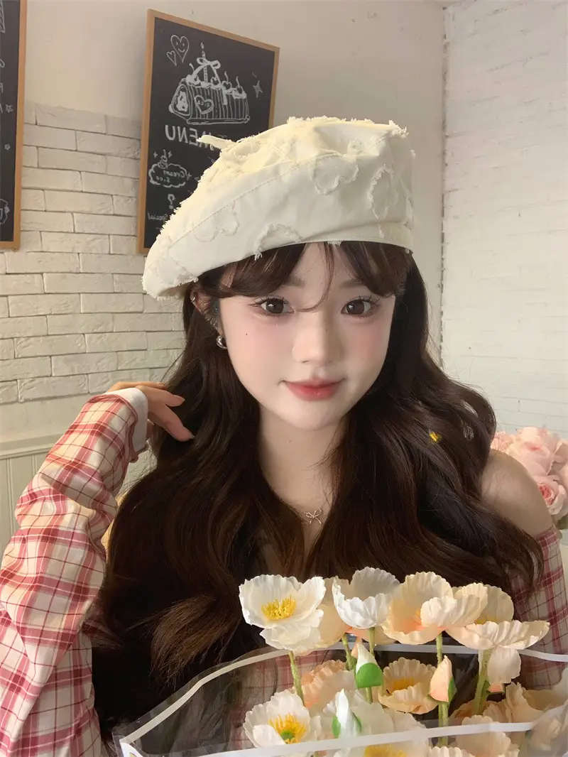 Women's White Velvet Reverse Face Beret Hat — feature 2