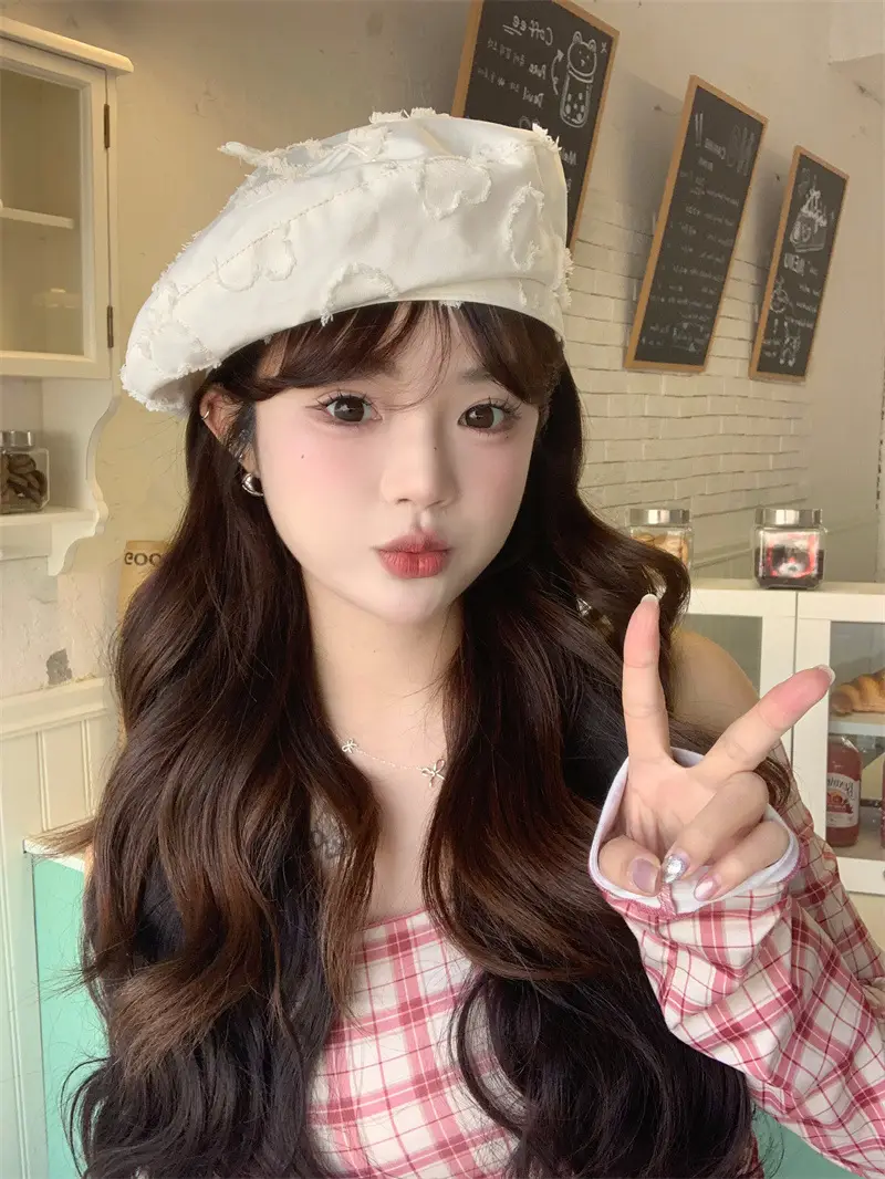 Women's White Velvet Reverse Face Beret Hat — feature 3