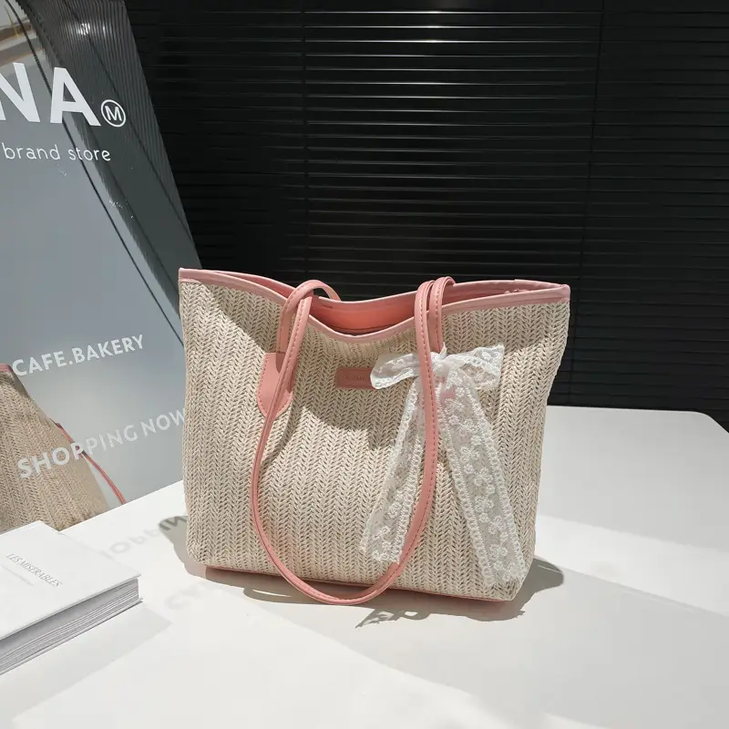Women Straw Woven Handbag Large Capacity Peach Handle - Image 5
