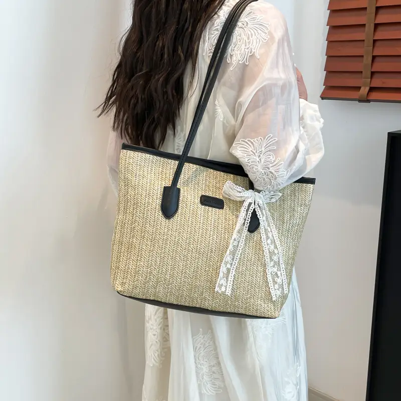 Women Straw Woven Handbag Large Capacity Peach Handle - Image 7
