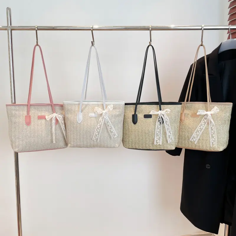 Women Straw Woven Handbag Large Capacity Peach Handle - Image 8