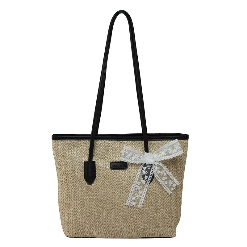 Women Straw Woven Handbag Large Capacity Peach Handle - Image 9