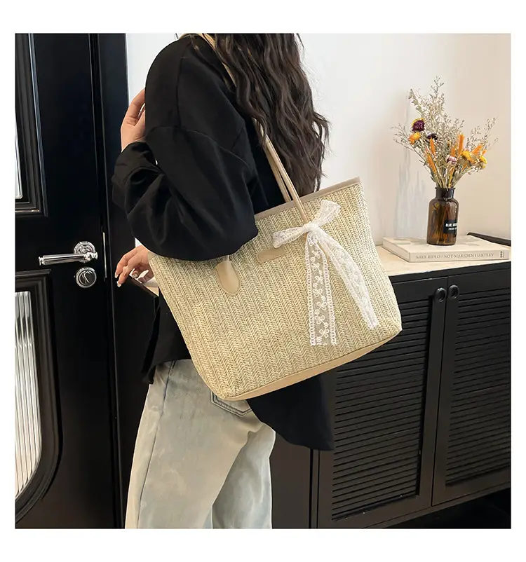 Women Straw Woven Handbag Large Capacity Peach Handle — feature 10