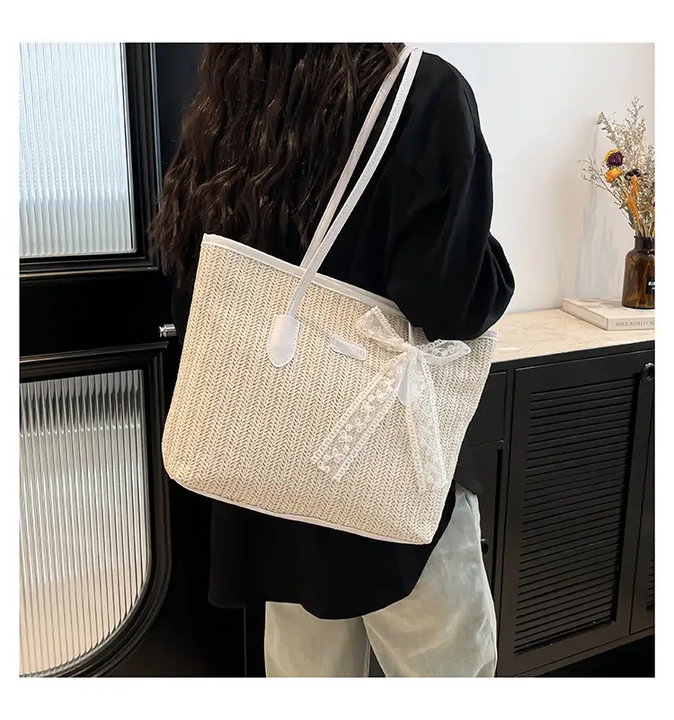 Women Straw Woven Handbag Large Capacity Peach Handle — feature 11