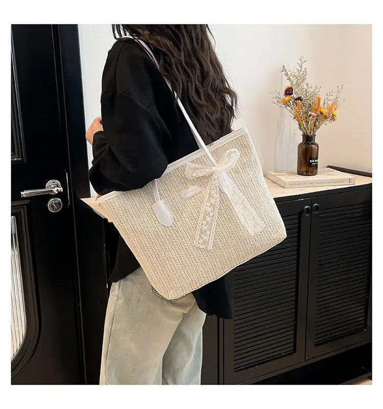 Women Straw Woven Handbag Large Capacity Peach Handle — feature 12