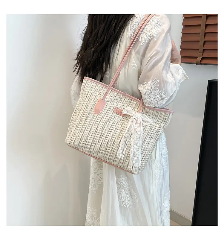 Women Straw Woven Handbag Large Capacity Peach Handle — feature 13