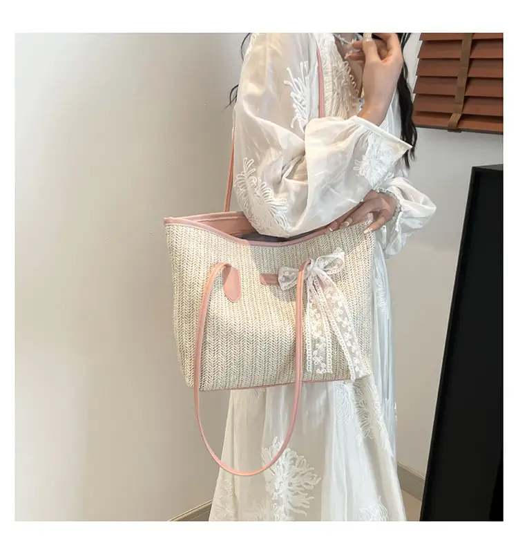 Women Straw Woven Handbag Large Capacity Peach Handle — feature 14