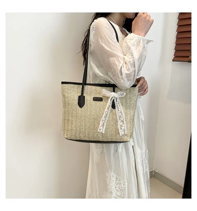 Women Straw Woven Handbag Large Capacity Peach Handle — feature 15