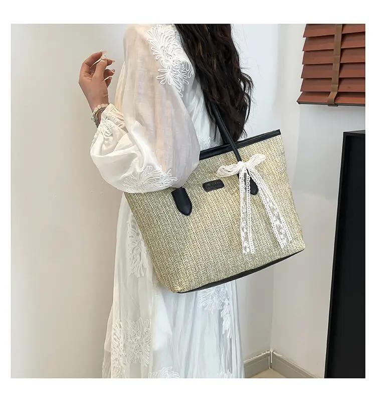 Women Straw Woven Handbag Large Capacity Peach Handle — feature 16