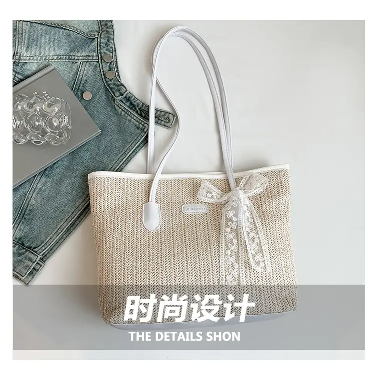 Women Straw Woven Handbag Large Capacity Peach Handle — feature 3
