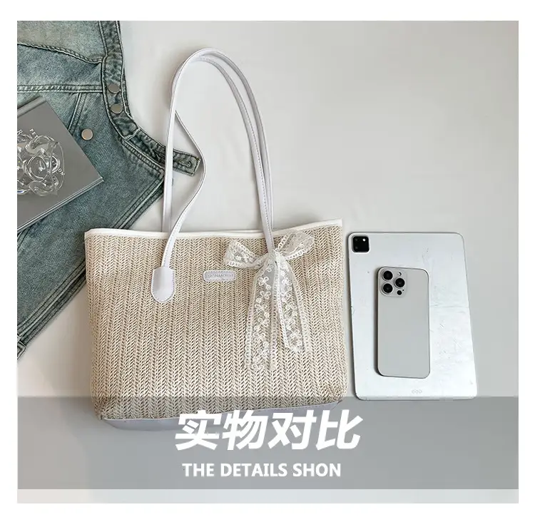 Women Straw Woven Handbag Large Capacity Peach Handle — feature 6