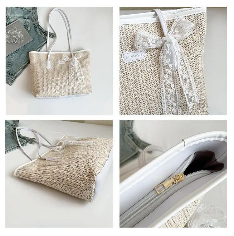 Women Straw Woven Handbag Large Capacity Peach Handle — feature 8