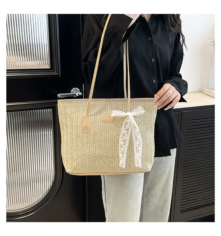 Women Straw Woven Handbag Large Capacity Peach Handle — feature 9